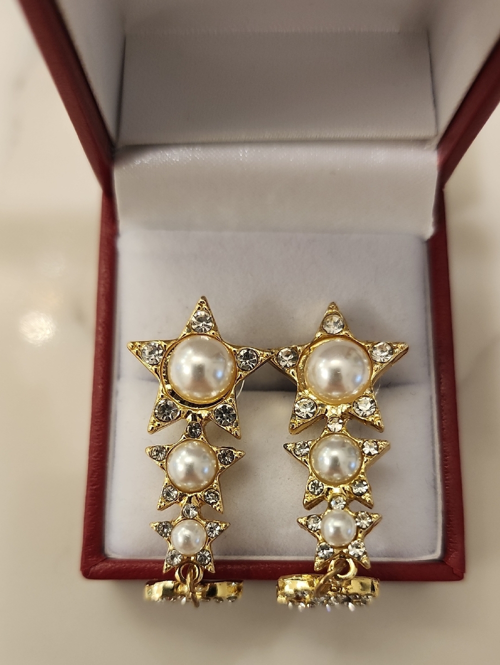 New Gold Pearl Star Drop Earrings - White Pearls
